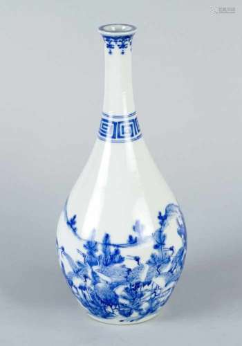 Chinese bottle, long neck painted with blue birds in landscape and decorations on white ground glaze