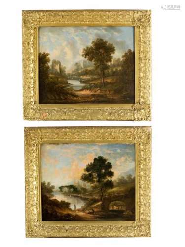 English school early 19th century pair of landscapes with farmers and monuments oil on canvas