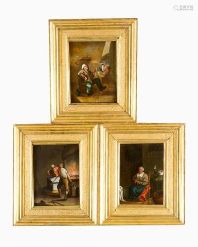 Three Dutch paintings of a smoker in tavern, a lady cutting apples and locksmith. All oil on