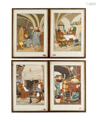Harry Elliot (1882-1959). Four illustrations of monks watercolour and other techniques on paper,