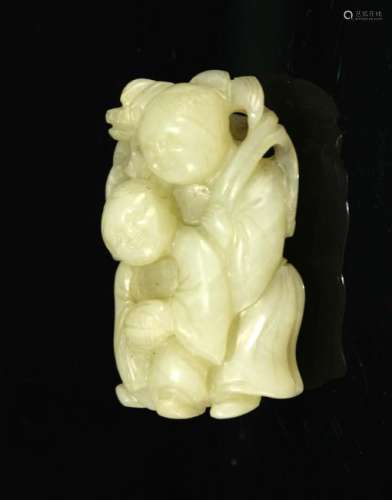 Green Jade Carving with Kid and Deer Pendant Qing