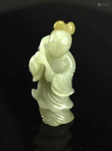 Jade Carving with Holding a Peach Lady Figure  Pendant