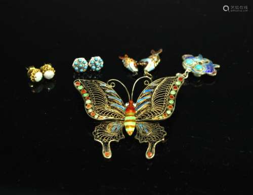 Gilt Silver Cloisonne Brooch and 4 Pair of Inlay Gem