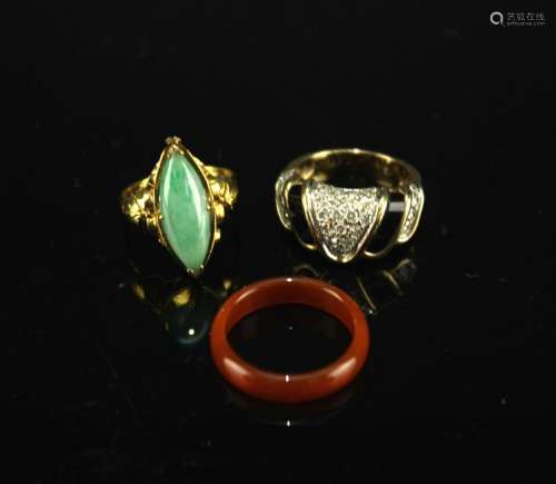 Two 14K Gold Inlay with Jadeit Broken Diamond Rings and