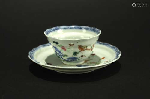 Wu-Cai Birds and Flowers Cup&Dish Qing Dynasty