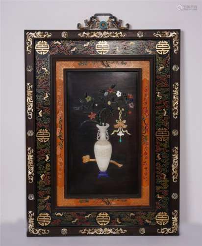 CHINESE GEM STONE INLAID LACQUER WALL HANGLED SCREEN