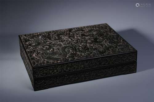 CHINESE HARDWOOD ZITAN DRAGON LIDDED SCHOLAR'S BOX