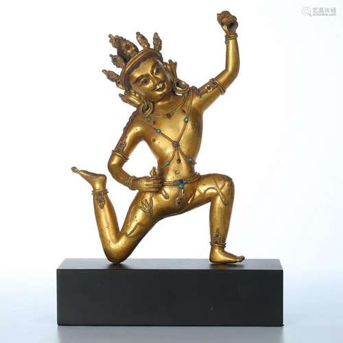 TIBETAN GILT BRONZE KNEELED BUDDHIST GUARDIAN