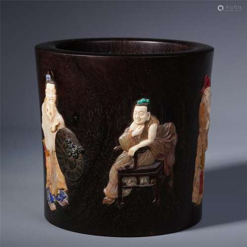 CHINESE COLORFUL SOAPSTONE INLAID FIGURES HARDWOOD