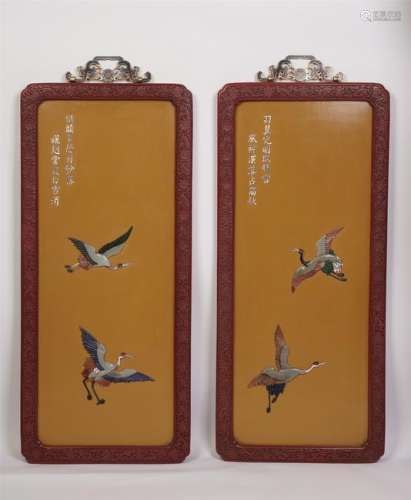 PAIR OF CHINESE GEM STONE INLAID LACQUER CINNABAR WALL