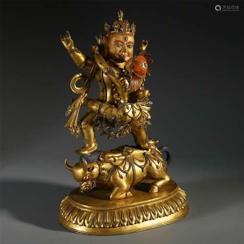 TIBETAN GILT BRONZE STANDING SAMANTAKA ON OX