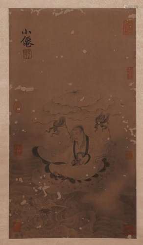 CHINESE SCROLL PAINTING OF MAN WITH LOTUS