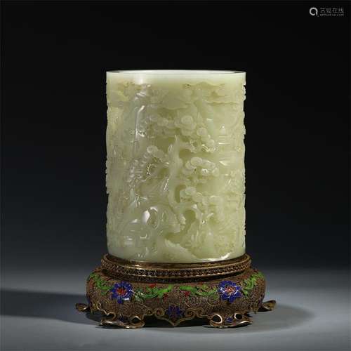 CHINESE CELADON JADE MEN UNDER PINE BRUSH POT ON GILT