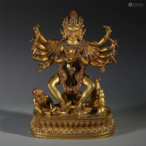 TIBETAN GEM STONE INLAID GILD BRONZE STANDING BUDDHIST