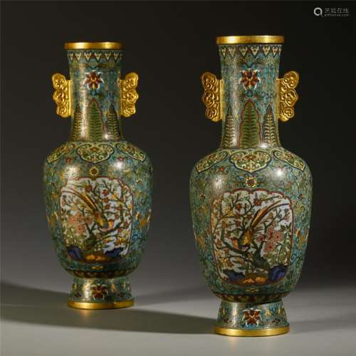 PAIR OF CHINESE CLOISONNE BIRD AND FLOWER VASES