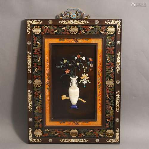 CHINESE GEM STONE MOTHER OF PEARL INLAID LACQUER WALL