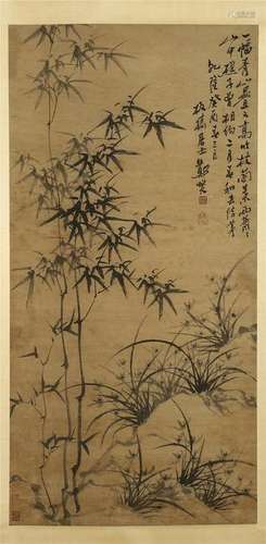 CHINESE SCROLL PAINTING OF BAMBOO WITH CALLIGRAPHY