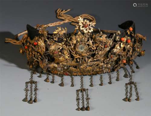 CHINESE GEM STONE INLAID GILT SILVER QUEEN CROWN