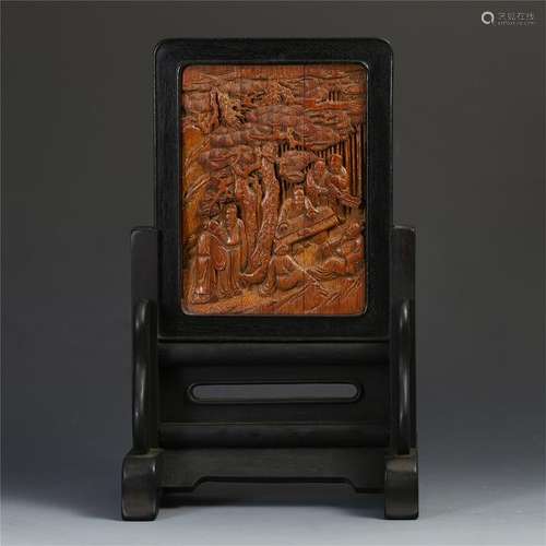 CHINESE HUANGHUALI FIGURES AND POEM PLAQUE HARDWOOD