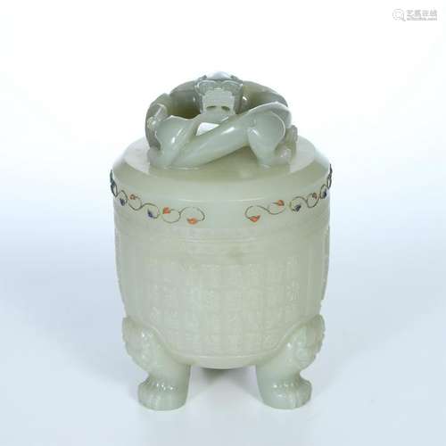 CHINESE CELADON JADE BEAST LIDDED TRIPLE FEET CENSER