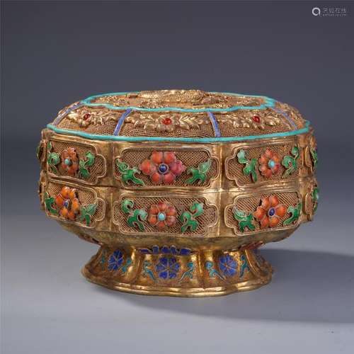 CHINESE GILT SILVER ENAMEL LIDDED OCTAGONAL BOX