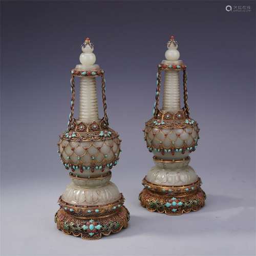 PAIR OF CHINESE GEM STONE INLAID GILT BRONZE ENAMEL