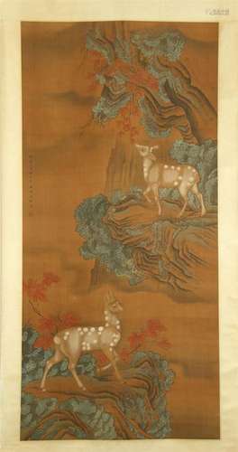 CHINESE SCROLL PAINTING OF DEER UNDER TREE