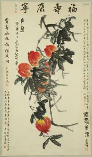 CHINESE SCROLL PAINTING OF PEACH WITH CALLIGRAPHY