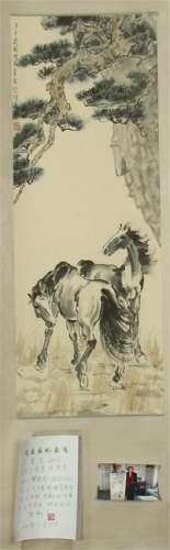 CHINESE SCROLL PAINTING OF HORSE UNDER TREE WITH