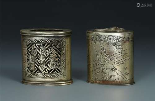 TWO CHINESE SILVER EROTIC SENSE LIDDED CASE