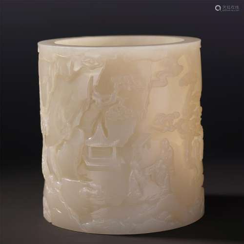 CHINESE WHITE JADE MEN UNDER PINE BRUSH POT