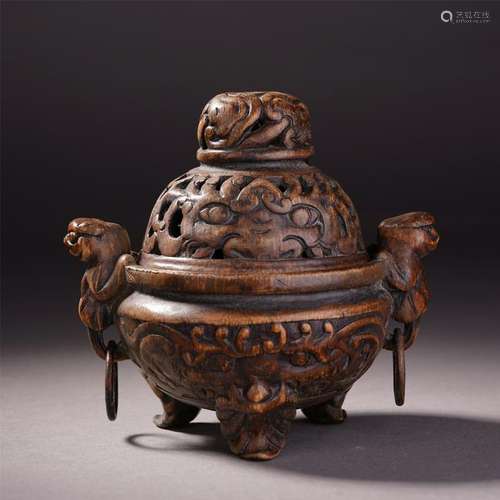 CHINESE BAMBOO TRIPLE FEET LIDDED BEAST HANDLED CENSER