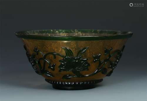 CHINESE PEKING GLASS GREEN FLOWER BOWL