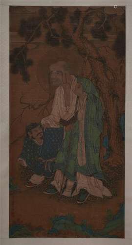 CHINESE SCROLL PAINTING OF LOHAN UNDER TREE