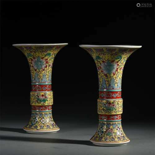 PAIR OF CHINESE PORCELAIN FAMILLE ROSE FLOWER GU VASES