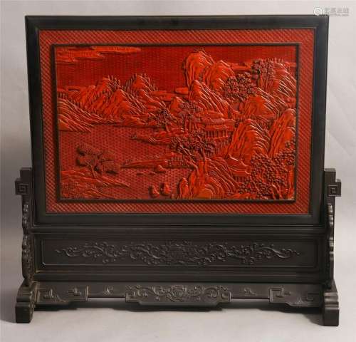 CHINESE CINNABAR PLAQUE ROSEWOOD TABLE SCREEN