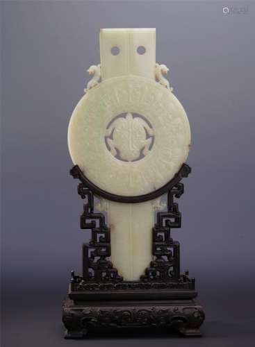 CHINESE WHITE JADE BI DISK ON ROSEWOOD STAND