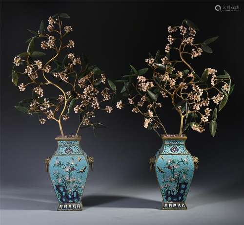 PAIR OF PEARL JADE BENSAI IN CLOISONNE VASE