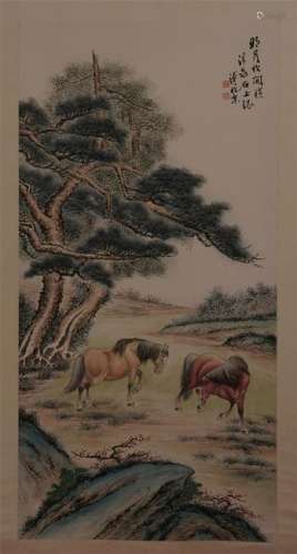 CHINESE SCROLL PAINTING OF HORSE UNDER TREE