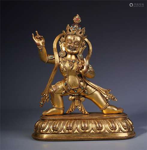 TIBETAN GILT BRONZE STANDING BUDDHIST GUARDIAN