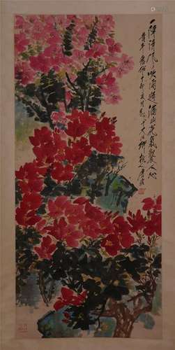 CHINESE SCROLL PAINTING OF FLOWER WITH CALLIGRAPHY