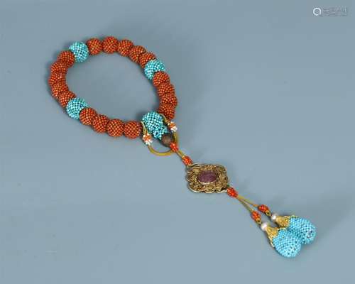 CHINESE CORAL TURQUOISE BEAD BUDDHIST BRACELET