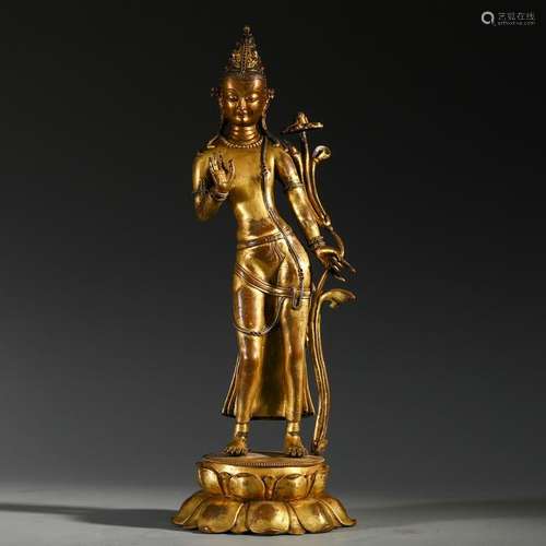 CHINESE GILT BRONZE STANDING GUANYIN