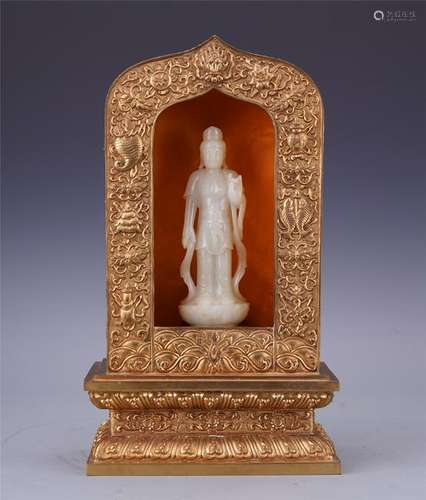 CHINESE WHTIE JADE STANDING GUANYIN IN GILT BRONZE