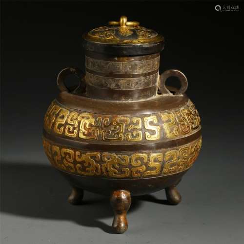 CHINESE GOLD INLAID SILVER TRIPLE FEET LIDDED CENSER