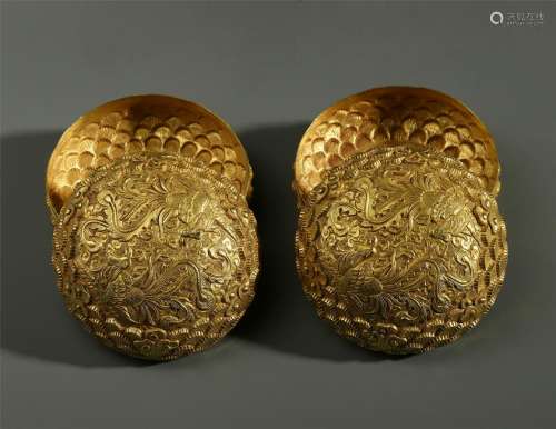 PAIR OF CHINESE PURE GOLD PHOENIX LIDDED BOX