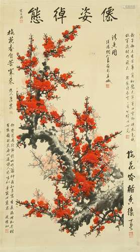 CHINESE SCROLL PAINTING OF FLOWER WITH CALLIGRAPHY