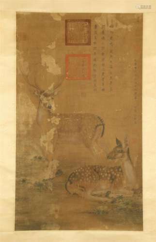 CHINESE SCROLL PAINTING OF DEER WITH CALLIGRAPHY