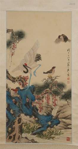 CHINESE SCROLL PAINTING OF CRANE UNDER TREE