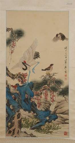 CHINESE SCROLL PAINTING OF CRANE UNDER TREE